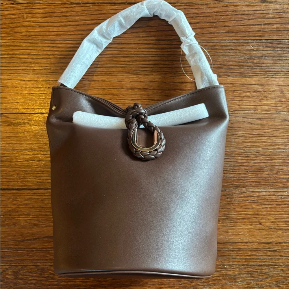 NWT Anthropologie / Aota Twist Tie Top-Handle Bucket Bag Chocolate Brown Woven